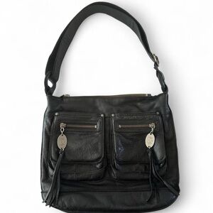 Juicy Couture Vintage Black Leather Shoulder/Crossbody Tassel Bag Y2K